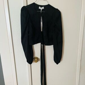 Wayf Black Cropped Puff-Sleeve Tie-Front Top